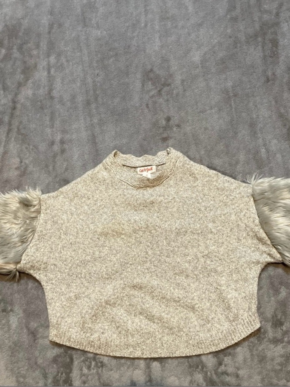 Cat & Jack Cream Knit Sweater with Faux-Fur Sleeve Accents